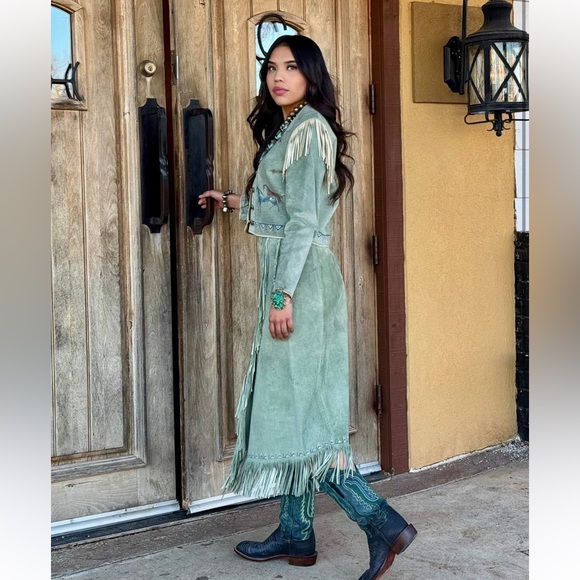 VPatricia Wolf Hand-Painted Suede Fringe Jacket & Skirt Set horses stars S/M EUC - Picture 13 of 13